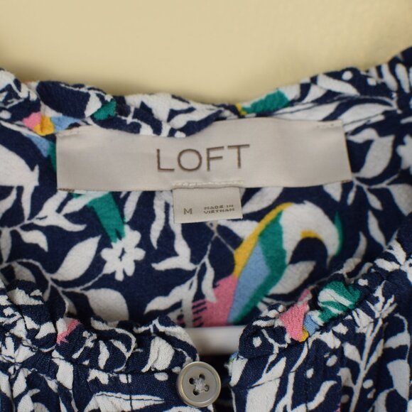 LOFT Navy Tropical Bird Print Ruffle Bright Blouse Summer Spring Lightweight - M - Picture 8 of 12